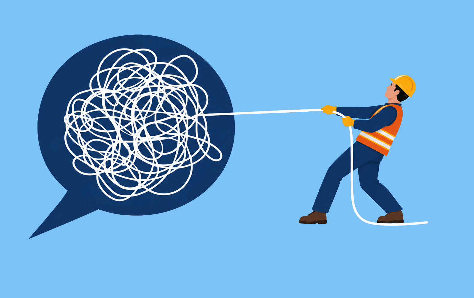Construction worker untangling complex tax and accounting problems